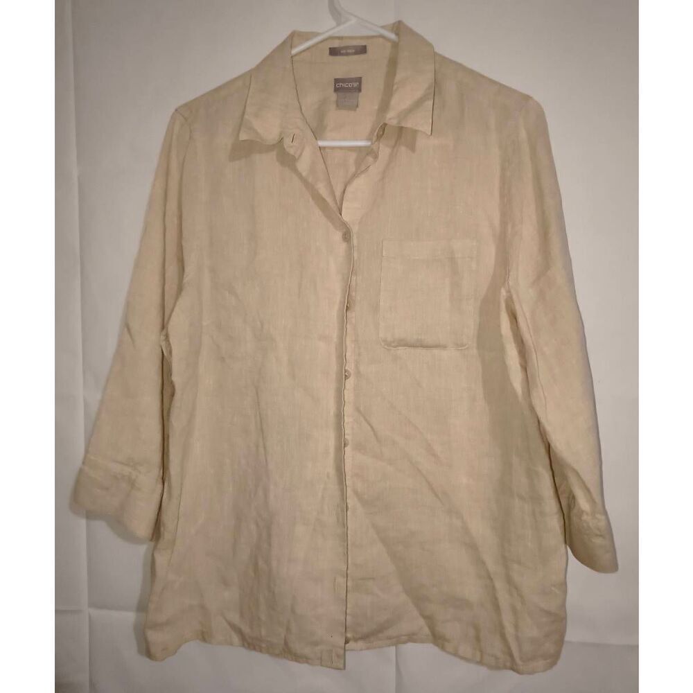 Chico's Shirt 100% Linen Tan No Iron Womens Size 1 (8/10) Button Front Collared